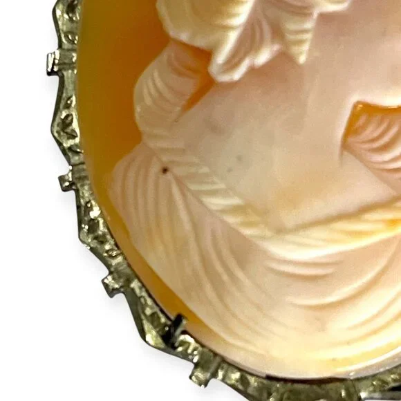 Antique Victorian Hand Carved Shell Cameo Sterling Silver Brooch Pendant 1.75" - Picture 4 of 7